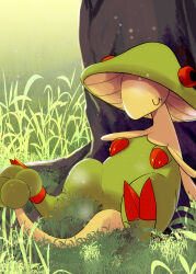 Rule 34 | animal focus, breloom, claws, closed eyes, commentary request, creatures (company), eyelashes, game freak, gen 3 pokemon, grass, green background, highres, light particles, nintendo, no humans, no mouth, outdoors, pokemon, pokemon (creature), sleeping, sleeping upright, solo, tree, under tree, zigrock