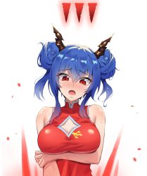 Rule 34 | 1girl, arknights, bare arms, bare shoulders, blue hair, blush, breast hold, breasts, ch&#039;en (ageless afterglow) (arknights), ch&#039;en (arknights), china dress, chinese clothes, cleavage, cleavage cutout, clothing cutout, commentary request, double bun, dragon horns, dress, hair between eyes, hair bun, highres, holiday (pangjelly), horns, large breasts, long hair, looking at viewer, nose blush, official alternate costume, open mouth, red dress, red eyes, sidelocks, simple background, sleeveless, sleeveless dress, solo, sweat, twintails, upper body, white background