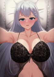 Rule 34 | 1girl, alternate costume, azur lane, babydoll, belfast (azur lane), black bra, blue eyes, blush, bra, breasts, cleavage, commentary request, grey hair, highres, large breasts, long hair, looking at viewer, lying, nightgown, on back, organ3432, pillow, pov, see-through, solo, underwear, very long hair
