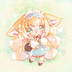 Rule 34 | 1girl, animal ears, arknights, bag, black footwear, blonde hair, blue hairband, blue skirt, blunt ends, blush, bobby socks, brown bag, cardigan, chibi, colored tips, commentary request, cross-laced clothes, cross-laced skirt, cross-laced slit, fox ears, fox girl, fox tail, frilled hairband, frills, full body, green eyes, hair ornament, hair scrunchie, hairband, keluy, kitsune, kyuubi, long hair, long sleeves, looking at viewer, multicolored hair, multiple tails, neck ribbon, official alternate costume, open mouth, puffy long sleeves, puffy sleeves, red ribbon, ribbon, round bag, scrunchie, shoulder bag, skirt, sleeves past wrists, socks, solo, suzuran (arknights), suzuran (spring praise) (arknights), tail, two-tone hair, white hair, yellow cardigan