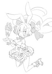 Rule 34 | 1girl, animal ears, bare shoulders, blush, bow, breasts, rabbit ears, cleavage, di gi charat, dice hair ornament, dress, food, fruit, full body, greyscale, hair ornament, harada takehito, holding, holding tray, jumping, large breasts, long hair, looking at viewer, monochrome, monochrome, parfait, ribbon, simple background, sketch, solo, strawberry, strawberry parfait, tray, twintails, usada hikaru