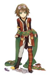Rule 34 | 00s, 1girl, brown hair, choker, gloves, goggles, goggles on head, green eyes, natsuhiko, pantyhose, rita mordio, scroll, short hair, single leg pantyhose, solo, tales of (series), tales of vesperia, thighhighs, white background