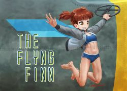 Rule 34 | 10s, 1girl, abazu-red, bare legs, barefoot, bikini, blue bikini, breasts, english text, eyebrows, flat chest, girls und panzer, holding, jacket, jumping, legs, mikko (girls und panzer), military jacket, navel, nose art, outstretched arm, red eyes, red hair, short twintails, small breasts, smile, solo, sports bikini, steering wheel, swimsuit, twintails, twitter username