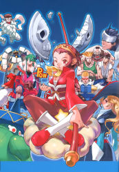Rule 34 | akuma (street fighter), anakaris, armored warriors, blonde hair, blue background, breasts, bulleta, capcom, captain commando, captain commando (character), circlet, cleavage, cloud, cyberbots, dougi, flattop, guile, hands on own hips, hat, head wings, long hair, long sleeves, marvel vs. capcom, marvel vs. capcom 2, mohawk, morrigan aensland, multiple boys, multiple girls, official art, one eye closed, pantyhose, ruby heart, ryu (street fighter), saotome jin, sitting, sonson, sonson (series), staff, star (symbol), street fighter, strider (video game), strider hiryuu, vampire (game), wings, yoshizaki mine, zangief