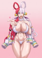 Rule 34 | 1girl, abs, bikini, breasts, highres, huge breasts, legs together, long hair, looking at viewer, microphone, multicolored hair, one piece, one piece film: red, puripuri jet, solo, standing, swimsuit, uta (one piece)