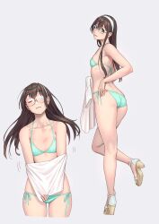 Rule 34 | 1girl, aqua bikini, ass, bare arms, bare legs, bare shoulders, bikini, black hair, blush, breasts, closed eyes, closed mouth, collarbone, glasses, green eyes, green hairband, grey background, hair between eyes, hairband, highres, kantai collection, kneepits, long hair, multiple views, ooyodo (kancolle), open mouth, sandals, side-tie bikini bottom, simple background, small breasts, swimsuit, yuuji (and)