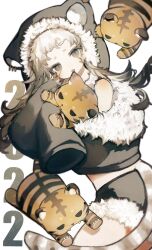 Rule 34 | 1girl, 2022, animal, animal ear fluff, animal hood, animal hug, black hoodie, blonde hair, brown eyes, chestnut mouth, chinese zodiac, commentary request, crop top, fang, from side, fur-trimmed hood, fur-trimmed jacket, fur-trimmed shorts, fur collar, fur trim, highres, hood, hood up, hoodie, jacket, konomiyakii, long hair, long sleeves, looking at viewer, midriff, open mouth, original, short eyebrows, short shorts, shorts, simple background, skin fang, sleeves past wrists, slit pupils, tail, thick eyebrows, tiger girl, tiger tail, very long sleeves, white background, year of the tiger
