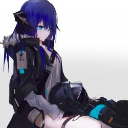 Rule 34 | 1girl, 1other, absurdres, arknights, black jacket, blue eyes, blue hair, breasts, chinese commentary, commentary request, demon horns, doctor (arknights), eyelashes, fur-trimmed hood, fur-trimmed jacket, fur trim, helmet, highres, hood, hooded jacket, horns, huge filesize, jacket, lap pillow, long sleeves, looking down, mackia, medium breasts, medium hair, mostima (arknights), seiza, shirt, simple background, sitting, white background, white shirt
