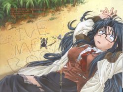 Rule 34 | 00s, 1girl, beach, blue eyes, blue hair, book, day, dirty, glasses, jungle, korean text, long coat, matching hair/eyes, nature, necktie, non-web source, read or die, red necktie, scan, skirt, solo, sos, stick, stranded, suitcase, tears, text focus, torn clothes, translation request, uon taraku, vest, yomiko readman