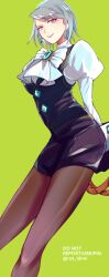 Rule 34 | 1girl, absurdres, ace attorney, arms behind back, black skirt, black vest, bow, bowtie, earrings, franziska von karma, green background, grey hair, highres, holding, holding whip, jewelry, juliet sleeves, long sleeves, looking at viewer, mole, mole under eye, pantyhose, parted lips, puffy sleeves, rat nkmi, shirt, short hair, skirt, smile, twitter username, vest, whip, white bow, white bowtie, white shirt