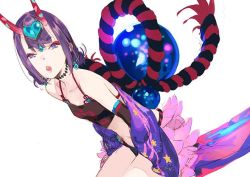 Rule 34 | 1girl, bare shoulders, chinese clothes, detached sleeves, dudou, eyeshadow, fate/grand order, fate (series), headpiece, horns, makeup, midriff, navel, oni, orb, pako (pakosun), purple eyes, purple hair, short hair, shuten douji (fate), shuten douji (fate/grand order), shuten douji (halloween caster) (fate), simple background, skin-covered horns, solo, white background