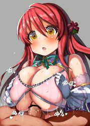 Rule 34 | 1boy, 1girl, bad id, bad pixiv id, bar censor, belko, blush, bow, breasts squeezed together, breasts, censored, flower, flower knight girl, geranium (flower knight girl), gloves, green bow, grey background, hair flower, hair ornament, hetero, large breasts, long hair, motion lines, paizuri, paizuri under clothes, penis, red hair, solo focus, sweat, upper body, veins, veiny penis, white gloves, yellow eyes