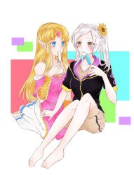 Rule 34 | 2girls, adapted costume, bad id, bad pixiv id, bare shoulders, barefoot, black jacket, blonde hair, blue eyes, blush, bracer, braid, brown eyes, brown shirt, brown shorts, circlet, commentary request, crown braid, dress, feet, fire emblem, fire emblem awakening, flower, food, food in mouth, french braid, gem, hair flower, hair ornament, hand up, highres, holding, holding food, hood, hooded jacket, intelligent systems, jacket, kneeling, knees up, kotoha (alice sea), long hair, looking at another, multiple girls, nintendo, off-shoulder dress, off shoulder, parted lips, pink dress, pointy ears, popsicle, princess zelda, robin (female) (fire emblem), robin (fire emblem), shirt, short sleeves, shorts, sidelocks, silver hair, simple background, sitting, sunflower, super smash bros., the legend of zelda, the legend of zelda: a link between worlds, toes, twintails, white background