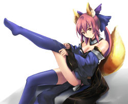 Rule 34 | 10s, 1girl, animal ears, blue thighhighs, bow, breasts, cleavage, demonk, detached sleeves, dressing, fate/extra, fate (series), fox ears, fox tail, hair bow, hair ribbon, highres, japanese clothes, outstretched leg, pink hair, ribbon, solo, tail, tamamo no mae (fate/extra), thighhighs, thighhighs pull, twintails, yellow eyes