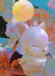 Rule 34 | abstract background, bat wings, closed eyes, colorful, creature, faux traditional media, final fantasy, floating, from side, full body, highres, moogle, no humans, no mouth, painterly, solo, whiskers, white fur, wings, yuming li
