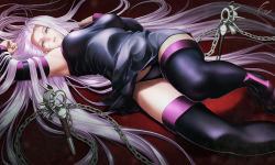 Rule 34 | 1girl, black panties, breasts, chain, detached sleeves, dress, fate/stay night, fate (series), fenrir (fenlil0316), large breasts, light purple hair, long hair, looking at viewer, lying, medusa (fate), medusa (rider) (fate), on back, panties, parted lips, planted, purple eyes, short dress, solo, thighhighs, underwear, very long hair, weapon