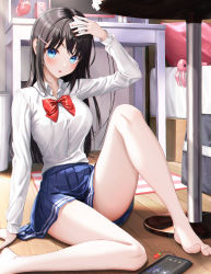 Rule 34 | 1girl, absurdres, arm up, bandaid, bandaid on head, bare legs, barefoot, bed, black hair, blue eyes, blue skirt, blush, bow, bowtie, breasts, cellphone, collared shirt, covering head, crossed bandaids, dress shirt, eichi (skskdi12z), feet, hair ornament, hairclip, headphones, highres, knee up, large breasts, long hair, long sleeves, looking at viewer, miniskirt, monitor, on floor, open mouth, original, phone, pleated skirt, red bow, red bowtie, school uniform, shirt, skirt, smartphone, solo, speaker, straight hair, stuffed animal, stuffed rabbit, stuffed toy, table, tears, toes, very long hair, white shirt, wooden floor