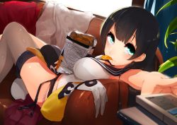 Rule 34 | 10s, 1girl, agano (kancolle), bag of chips, bare arms, bare shoulders, between legs, black hair, blurry, blush, breasts, brown thighhighs, chips (food), couch, day, depth of field, dutch angle, failure penguin, food, foreshortening, garter straps, gloves, unworn gloves, green eyes, highres, indoors, kantai collection, light particles, long hair, looking at viewer, lying, md5 mismatch, medium breasts, mouth hold, no panties, on back, on couch, outdoors, panties, pink panties, plant, potted plant, red skirt, resolution mismatch, shirt, single thighhigh, skirt, unworn skirt, sleeveless, sleeveless shirt, solo, source larger, suginoji, sunlight, tareme, thermometer, thighhighs, underwear, white gloves