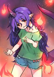 Rule 34 | 1girl, absurdres, blue shorts, clothes writing, collarbone, fire, gradient horns, green shirt, hair between eyes, highres, horns, long hair, looking at viewer, multicolored horns, open mouth, pointy ears, purple hair, red eyes, shirt, shorts, single horn, solo, tail, take no ko (4919400), tenkajin chiyari, test tube, touhou