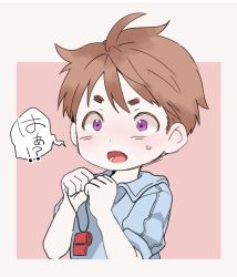 Rule 34 | 1boy, absurdres, brown hair, commentary request, hands up, highres, made in abyss, male focus, natt (made in abyss), open mouth, pink background, purple eyes, short hair, short sleeves, solo, speech bubble, sweatdrop, transparent background, upper body, usuki (usukine1go), whistle, wide-eyed