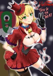Rule 34 | 1girl, absurdres, alternate costume, bandaged hand, bandaged leg, bandaged neck, bandages, bell, black gloves, black hairband, black thighhighs, blonde hair, blood, blush, bow, bowtie, breasts, cafe no zombi-ko, cleavage, closed mouth, clown, commentary request, dress, feet out of frame, frilled sleeves, frills, garter straps, gloves, green eyes, hair between eyes, hairband, happy halloween, hat, highres, it (stephen king), jewelry, large breasts, looking at viewer, neck bell, necklace, project upd8, puffy short sleeves, puffy sleeves, red bow, red bowtie, red dress, red headwear, sarashi, scar, scar across eye, short dress, short hair, short sleeves, smile, thighhighs, top hat, trick or treat, virtual youtuber, w, yusuranochannel