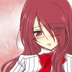 Rule 34 | 1girl, blush, bow, embarrassed, hair over one eye, kirijou mitsuru, long hair, lowres, parted lips, persona, persona 3, red eyes, red hair, ribbon, roku (345), school uniform, simple background, solo