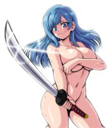 Rule 34 | 1girl, bad anatomy, blue eyes, blue hair, blush, breasts, cleavage, collarbone, covering privates, covering breasts, highres, holding, holding sword, holding weapon, jujutsu kaisen, katana, large breasts, lewdamone, looking at viewer, miwa kasumi, navel, nervous, nude, solo, stomach, sweat, sword, thighs, weapon, white background
