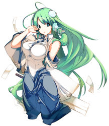 Rule 34 | 1girl, artist request, blouse, breasts, collared shirt, female focus, frog, green hair, kochiya sanae, large breasts, long hair, looking at viewer, open mouth, shirt, simple background, sleeveless, sleeveless shirt, solo, tagme, touhou, white shirt