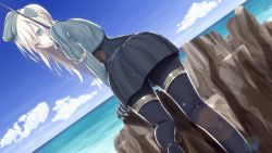 Rule 34 | 10s, 1girl, akikan (10552397), back, bad id, bad pixiv id, black pantyhose, blonde hair, blue eyes, blue sky, cloud, cropped jacket, day, dutch angle, from behind, garrison cap, gloves, hair ornament, hat, highres, kantai collection, lens flare, long hair, looking back, military, military uniform, ocean, pantyhose, puffy sleeves, rock, sky, solo, u-511 (kancolle), uniform, water