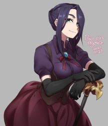 Rule 34 | 1girl, 2021, agawa ryou, black gloves, breasts, cane, commentary, dress, elbow gloves, gloves, green eyes, grey background, large breasts, long hair, looking at viewer, looking up, original, purple hair, simple background, solo