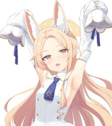 1girl amaner animal_ear_fluff animal_ears armpits arms_up ascot blonde_hair blue_archive blue_ascot breasts commentary detached_sleeves halo highres long_hair looking_at_viewer open_mouth seia_(blue_archive) simple_background sleeves_past_wrists small_breasts solo symbol-only_commentary white_background white_sleeves yellow_eyes yellow_halo