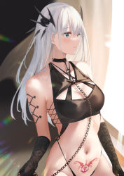 Rule 34 | 1girl, armpit crease, bare shoulders, black gloves, blue eyes, breasts, chain, chain leash, chain, cleavage, collar, covered erect nipples, demon girl, gloves, groin, hair ornament, highleg, highleg panties, highres, leash, long hair, looking away, medium breasts, navel, original, panties, pubic tattoo, revealing clothes, revision, silver hair, solo, stomach, string panties, suzuame yatsumi, tattoo, underwear, upper body