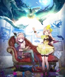 Rule 34 | 2girls, atelier (series), atelier lydie &amp; suelle, bird, book, boots, bow, bowtie, couch, feathered wings, full body, gloves, hairband, hat, highres, long hair, lydie marlen, multicolored hair, multiple girls, noco (adamas), official art, open mouth, pink eyes, pink hair, ponytail, purple hair, siblings, sisters, sitting, sky, sparkle, suelle marlen, twins, water, wings, yuugen