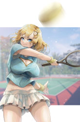 Rule 34 | 1girl, absurdres, ball, blonde hair, blue eyes, blue shirt, breasts, cleavage, cleavage cutout, clothing cutout, cowboy shot, hair between eyes, hair ornament, highres, hololive, hololive english, large breasts, long hair, looking at viewer, miniskirt, motion blur, outside border, pleated skirt, racket, shirt, skirt, solo, sportswear, sweat, sweatband, t-shirt, tennis, tennis ball, tennis court, tennis racket, tennis uniform, virtual youtuber, vyragami, watson amelia, white skirt