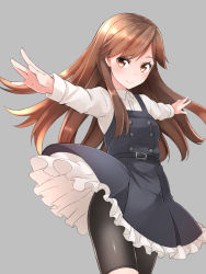 Rule 34 | 10s, 1girl, arashio (kancolle), arashio kai ni (kancolle), belt, bike shorts, black dress, black shorts, brown eyes, brown hair, buttons, closed mouth, collared shirt, comah, cowboy shot, double-breasted, dress, dress shirt, frilled dress, frills, grey background, kantai collection, long hair, long sleeves, looking at viewer, \\n/, outstretched arms, pinafore dress, shiny clothes, shirt, shorts, shorts under dress, simple background, sleeveless, sleeveless dress, smile, solo, spread arms, swept bangs, upskirt, white shirt, wind, wind lift