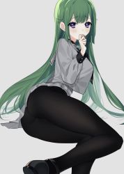 Rule 34 | 1girl, ass, black pantyhose, blush, green hair, grey background, grey skirt, hand on own face, highres, long hair, looking at viewer, naomasap, original, pantyhose, pleated skirt, purple eyes, school uniform, sidelocks, simple background, skirt, solo
