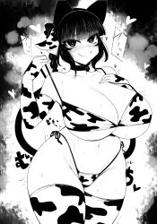 Rule 34 | 1girl, :q, absurdres, animal ears, animal print, bikini, bikini pull, braid, breasts, cat ears, cat tail, choker, cleavage, closed mouth, clothes pull, cow ears, cow print, cow print bikini, cowboy shot, elbow gloves, extra ears, gloves, greyscale, groin, hand on own chest, haseru (ginku mh), heart, heart-shaped pupils, highres, huge breasts, kaenbyou rin, looking at viewer, monochrome, multiple tails, navel, nekomata, pointy ears, print bikini, side braids, smile, solo, standing, sweat, swimsuit, symbol-shaped pupils, tail, thighhighs, tongue, tongue out, touhou, twin braids, two tails