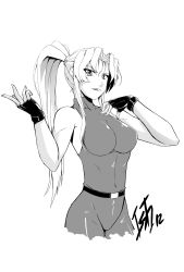 Rule 34 | 1girl, absurdres, bare shoulders, belt, bodysuit, breasts, fingerless gloves, gloves, greyscale, hair intakes, halterneck, high ponytail, highres, impossible clothes, ishquid, large breasts, long hair, monochrome, no legs, sarah bryant, solo, upper body, virtua fighter