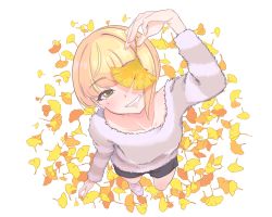 Rule 34 | 1girl, arm at side, arm up, asymmetrical hair, autumn leaves, black shorts, blonde hair, blush, breasts, collarbone, covering one eye, eyelashes, fingernails, foreshortening, full body, ginkgo leaf, green eyes, grin, half-closed eyes, holding, holding leaf, idolmaster, idolmaster cinderella girls, leaf, lips, looking at viewer, miyamoto frederica, perspective, rintarou (ahexe 2), shoes, short hair, shorts, single sidelock, small breasts, smile, sneakers, solo, standing, sweater, white background, white footwear, white sweater