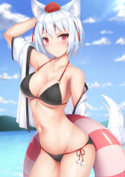 Rule 34 | 1girl, animal ear fluff, animal ears, arm behind head, arm up, bare shoulders, bikini, black bikini, blue sky, blush, breasts, cloud, collarbone, commentary request, cowboy shot, day, groin, hair between eyes, hat, highres, innertube, inubashiri momiji, large breasts, looking at viewer, navel, off shoulder, open clothes, open shirt, outdoors, red eyes, shirt, short hair, short sleeves, side-tie bikini bottom, silver hair, sky, smile, solo, standing, stomach, swim ring, swimsuit, tail, tatsumiya kagari, thighs, tokin hat, touhou, water, white shirt, wolf ears, wolf tail