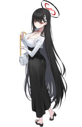 Rule 34 | 1girl, black hair, black skirt, blue archive, blush, breasts, cleavage, full body, hair ornament, hairclip, halo, highres, k pring, large breasts, long hair, long skirt, long sleeves, looking at viewer, red eyes, rio (blue archive), shirt, skirt, solo, very long hair, white shirt
