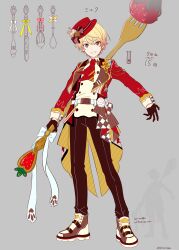 Rule 34 | 1boy, absurdres, ascot, black gloves, blonde hair, boater hat, boots, brown pants, commentary, fork, full body, gloves, grey background, highres, holding, holding fork, jacket, looking at viewer, male focus, oversized object, pants, parted lips, project sekai, red ascot, red headwear, red jacket, shirt, simple background, smile, solo, symbol-only commentary, taro14 tea, tenma tsukasa, white footwear, white shirt, wing collar, yellow eyes