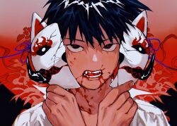 Rule 34 | 1boy, absurdres, black hair, bleeding, blood, blood from mouth, blood on face, broken mask, collared shirt, fingernails, fox mask, hands up, highres, holding, holding mask, injury, kageyama ritsu, looking at viewer, male focus, mask, unworn mask, mob psycho 100, neige404, open mouth, portrait, red background, red eyes, shirt, short hair, solo, string, white shirt