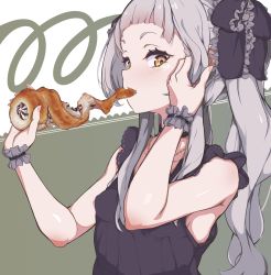 Rule 34 | 1girl, absurdres, adjusting hair, blunt bangs, chocolate cornet, commentary, dress, eating, food, food in mouth, frilled ribbon, frills, grey dress, grey hair, grey ribbon, hair ribbon, harapeko zombie inu, highres, hololive, long hair, looking at viewer, looking to the side, murasaki shion, ribbon, short eyebrows, sidelocks, sleeveless, sleeveless dress, solo, symbol-only commentary, twintails, upper body, virtual youtuber, wavy hair, wrist cuffs, yellow eyes
