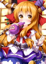 Rule 34 | 1girl, blue dress, blue skirt, bow, bowtie, chain, cowboy shot, cuffs, dress, drinking, gourd, hair between eyes, hair bow, highres, horn ornament, horn ribbon, horns, ibuki suika, light rays, long hair, looking at viewer, metal belt, oni horns, orange hair, orb, purple ribbon, pyramid (structure), red bow, red bowtie, ribbon, ruu (tksymkw), shackles, shirt, skirt, solo, standing, torn clothes, torn sleeves, touhou, very long hair, white ribbon, white shirt, wrist cuffs