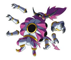 Rule 34 | absurdres, black horns, bright pupils, claws, colored skin, creatures (company), extra arms, full body, game freak, gen 6 pokemon, glowing, glowing eyes, grey skin, highres, hoopa, hoopa (unbound), horns, hyshirey, legendary pokemon, long hair, mythical pokemon, nintendo, one-eyed, pokemon, pokemon (creature), ponytail, purple hair, purple skin, red eyes, simple background, solo, standing, tail, transparent background, underlighting, white pupils