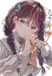 Rule 34 | 1girl, absurdres, blue eyes, close-up, closed mouth, dress, fingers together, flower, highres, hoda (ho da07), long hair, looking at viewer, original, plant, red hair, short twintails, twintails, vines