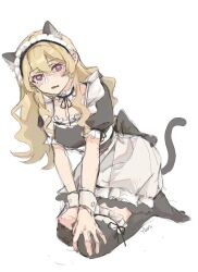 Rule 34 | 1girl, animal ears, apron, black dress, black ribbon, black thighhighs, blonde hair, cat ears, cat girl, cat tail, chinese commentary, commentary request, detached collar, dress, heart, heart-shaped pupils, highres, long hair, looking at viewer, maid, maid apron, maid headdress, neck ribbon, no shoes, parted lips, pink pupils, puffy short sleeves, puffy sleeves, purple eyes, ribbon, saijou claudine, short sleeves, shoujo kageki revue starlight, simple background, solo, symbol-shaped pupils, tail, thighhighs, white apron, white background, wrist cuffs, yanlingjinshilihuahua