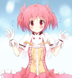 Rule 34 | 10s, 1girl, :3, animal, animal in clothes, arms up, blush, flying sweatdrops, gloves, kaname madoka, kyubey, looking at viewer, madara, madara hio, magical girl, mahou shoujo madoka magica, mahou shoujo madoka magica (anime), pink eyes, pink hair, red eyes, short hair, smile, surprised arms, twintails, upper body, white gloves