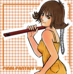 Rule 34 | 1990s (style), 1girl, bare shoulders, breasts, brown hair, chain, curly hair, dress, female focus, final fantasy, final fantasy viii, green eyes, looking at viewer, nunchucks, perfect command, selphie tilmitt, short hair, solo